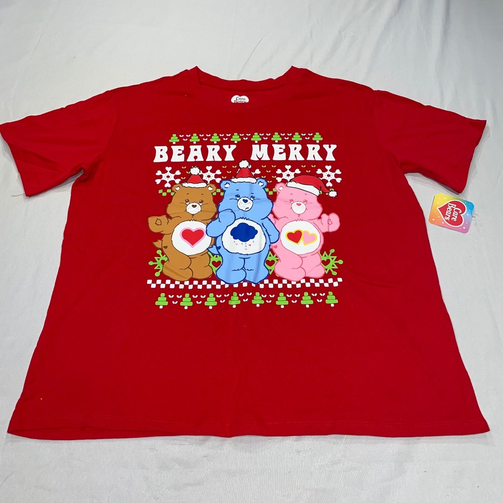 Care Bears Beary Merry Christmas Red Graphic T-Shirt Santa Hat Large